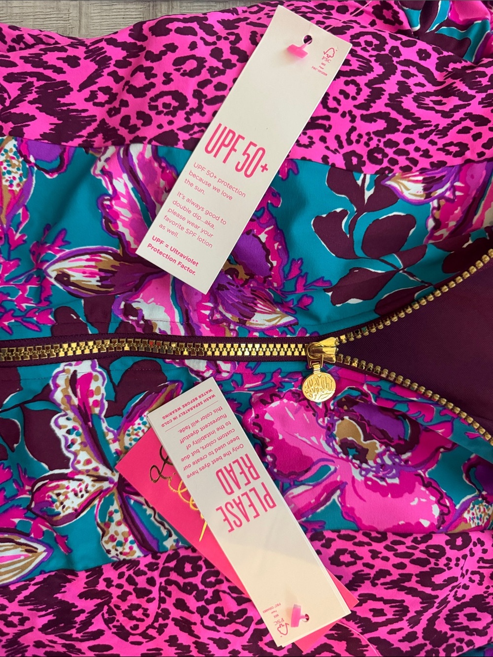 Lilly Pulitzer Raffa Rashguard Teal & Fuchsia Floral Long-Sleeve One-Piece Swim - Picture 3 of 5
